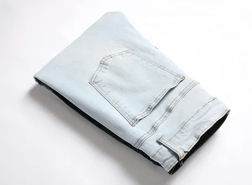 Vista 5 de LONGBIDA Pantalones de mezclilla ajustados para hombre con diseño de retazos elásticos de moda