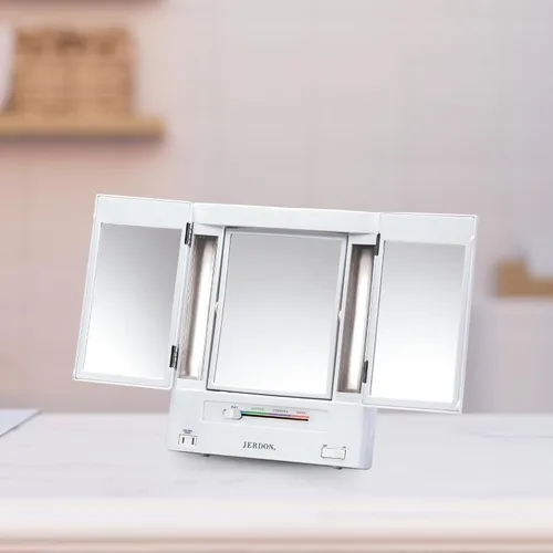 Vista 8 de JERDON Espejo de maquillaje de dos caras de tres pliegues con luces, espejo de tocador con aumento 5X-1X y múltiples ajustes de luz, color blanco