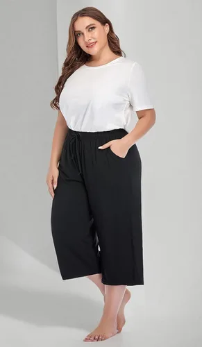 Vista 6 de ZERDOCEAN Pantalones casuales de pierna ancha para mujer, talla grande, cómodos, capri, relajados, con bolsillos con cordón