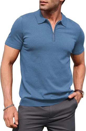 Vista 8 de RQP Camisas polo con cremallera para hombre, camisas casuales de punto de manga corta/larga, camisas de golf elásticas ajustadas, suéter suave
