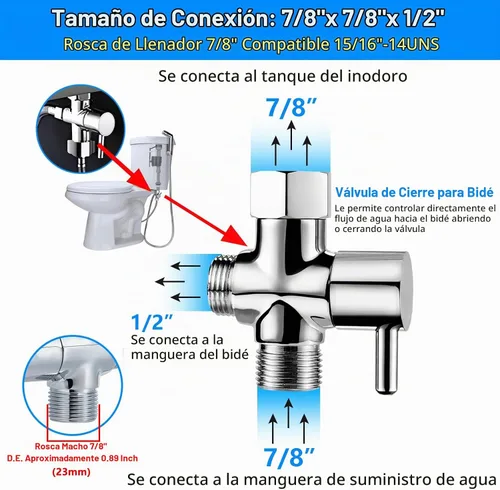 Vista 4 de Adaptador de bidé T con válvula de cierre: Válvula T de latón de 3 vías para bidé 7/8 "x 7/8" X 1/2" - Conector en T a prueba de fugas Ajuste