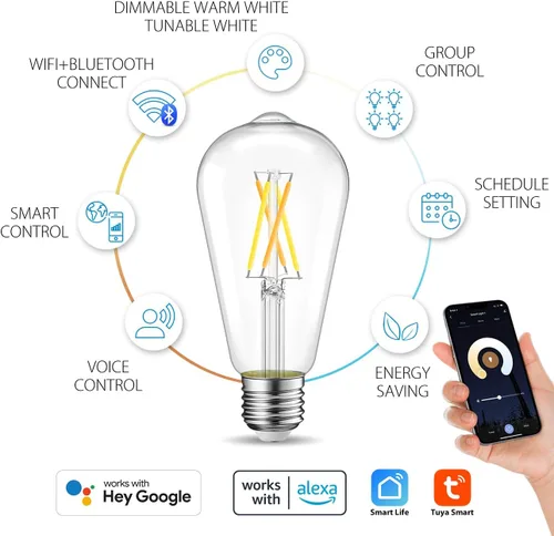 Vista 2 de LVWIT Bombilla inteligente LED vintage ST21 Edison regulable WiFi, equivalente a 60 vatios, base E26, 2700K - 6500K, compatible con Alexa, Google