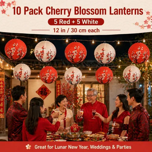 Vista 5 de Hoypeyfiy Paquete de 10 linternas de papel de flor de cerezo, 12 pulgadas, linternas japonesas Sakura rojas y blancas, linternas de papel redondas