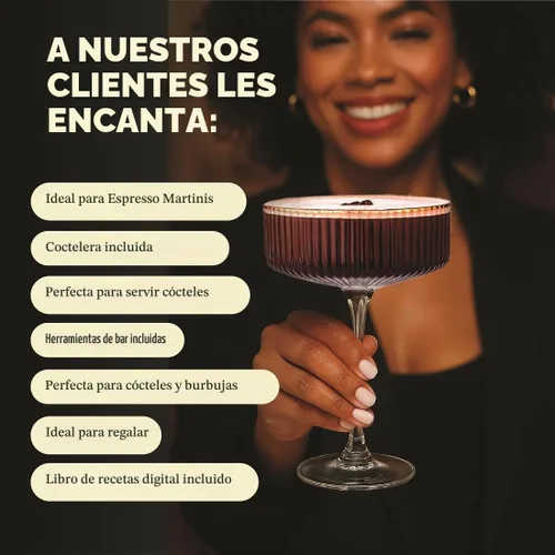 Vista 9 de VEMACITY - Regalos de lujo de Martini Espresso Juego de coctelera dorada + 2 copas de Martini Espresso - Kit de cóctel con colador integrado