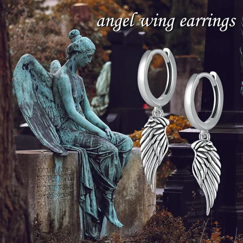 Vista 5 de JERWLI Aretes de ala de ángel de plata de ley 925 con alas de ángel demonio, aretes de gota para mujeres y hombres, Plata de ley, No es una piedra
