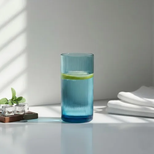 Vista 2 de Physkoa Juego de 6 vasos de bebida acanalados azules – Cristalería con relieve vintage, vasos gruesos y duraderos para agua, jugo, cócteles, café