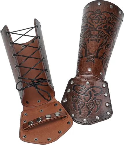 Vista 3 de HiiFeuer Guantelete vikingo Fenrir medieval, de piel sintética, armadura de caballero, disfraz LARP de Halloween