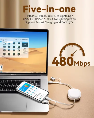Vista 3 de Minlu Cable de carga retráctil de 65 W, cable de carga múltiple 5 en 1 para viajes, cable de carga USB tipo C, cable de carga rápida con USB A/C a