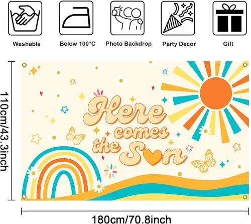 Vista 7 de Mocsicka Banner bohemio para baby shower con texto en inglés «Here Comes The Sun», decoración de fiesta de baby shower, para fotografía, decoración