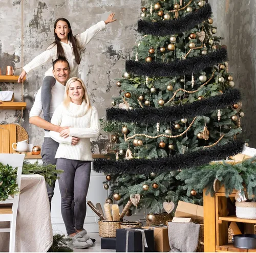 Vista 6 de Ceenna Guirnalda de oropel de Navidad de 150 pies, guirnalda metálica giratoria, brillante para colgar en el árbol de Navidad, suministros de Negro