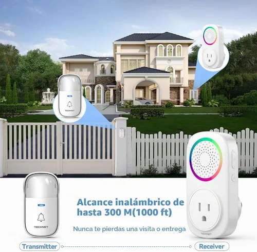 Vista 7 de TECKNET Kit de timbre inalámbrico autoalimentado, timbre de puerta enchufable con luz RGB, 60 campanillas y 5 niveles de volumen, timbre de aula