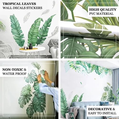 Vista 4 de Efavormart - Calcomanías de pared con hojas de palmera tropicales verdes, calcomanías removibles