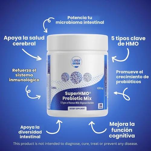 Vista 2 de SuperHMO Mezcla prebiótica con fibra prebiótica 5-HMO para intestino, digestión, salud cerebral, polvo, 28 porciones