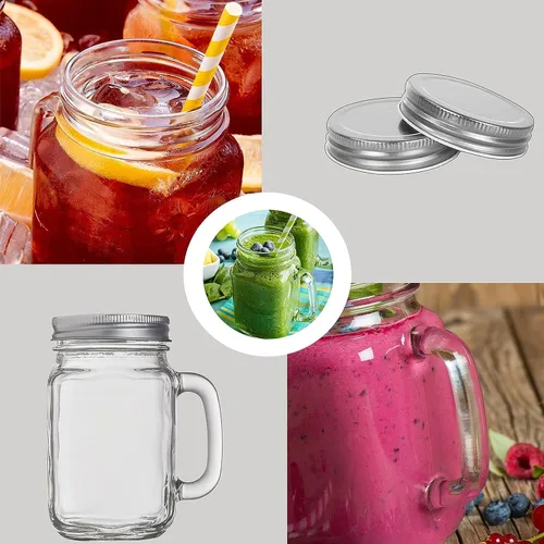 Vista 3 de TANGLONG 12 tarros Mason de 16 oz con asa y tapas para manualidades y fiestas Vasos para beber, tazas de vidrio con asas, regalos caseros, café