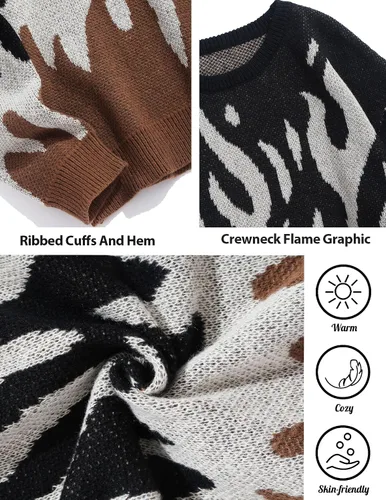 Vista 91 de ZAFUL Y2K - Suéter casual con estampado de llama estética para hombre, suéter de punto holgado, manga larga, cuello redondo