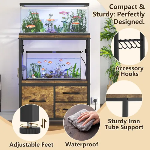 Vista 6 de Heybly Soporte para pecera de 10 a 20 galones, soporte para acuario con cajón, toma de corriente, marco de metal resistente, para pecera, terrario