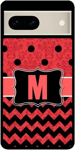 Vista 2 de Funda de goma negra con diseño de lunares Chevron Damasco rojo y negro con inicial negra compatible con Google Pixel 10, 10 Pro, 10 Pro XL, 9a, 9