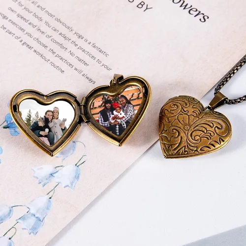 Vista 5 de Collar personalizado con medallón de imagen, medallón conmemorativo de corazón que sostiene 2 imágenes, regalo de joyería para mujeres y niñas