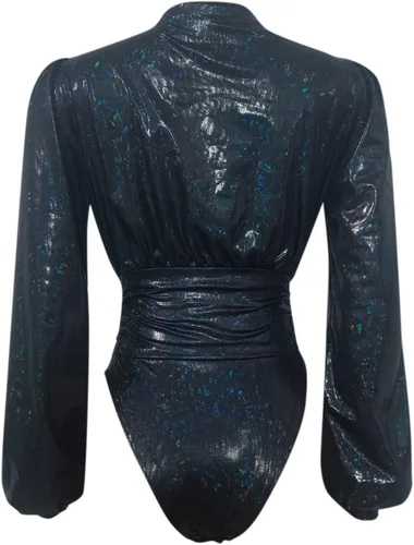 Vista 6 de Body para mujer conjunto de body sexy con estampado reflectante de manga larga sólido halter negro L