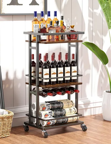 Vista 9 de OKZEST Carrito de barra de 3 niveles para el hogar, mini gabinete de licor Negro (Rustic Black)