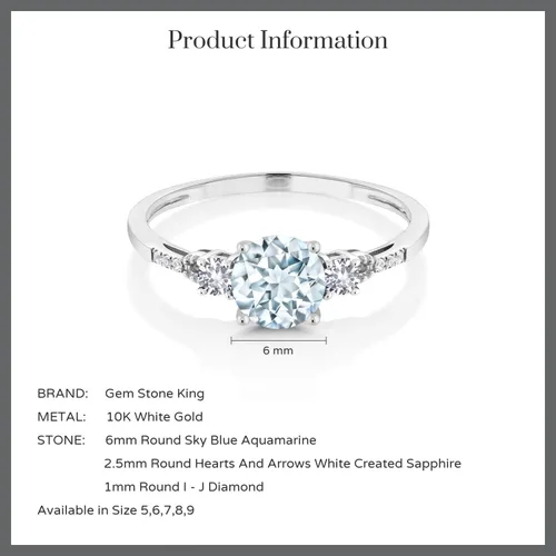 Vista 6 de Gem Stone King Anillo de compromiso redondo de oro blanco de 10 quilates con zafiro blanco creado aguamarina y blanco para mujer