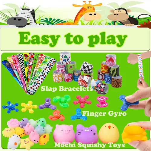 Vista 5 de Dilycery 107 juguetes de recuerdo de fiesta, juguetes de caja del tesoro para el aula, juguetes Pop Fidget Toys Cofre del tesoro para niños premios