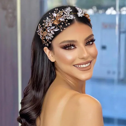 Vista 2 de HONGMEI Tocado de novia para boda, accesorios para el cabello, para novias, diadema de boda con diamantes de imitación para mujeres y niñas (dorado)
