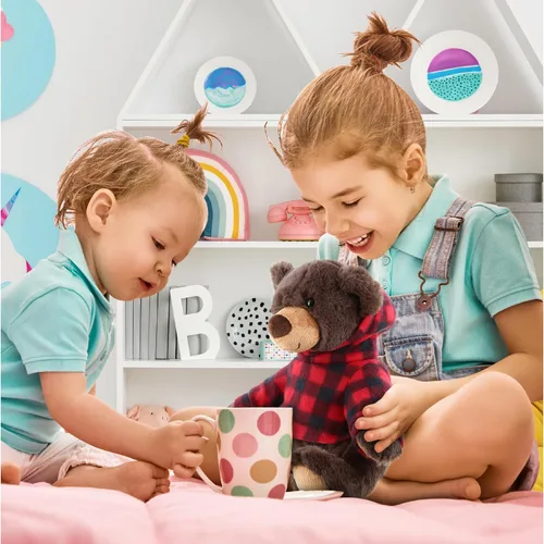 Vista 5 de DolliBu Oso marrón de felpa con capucha a cuadros rojos, oso suave y abrazable, adorable peluche de oso marrón del zoológico, bonito regalo