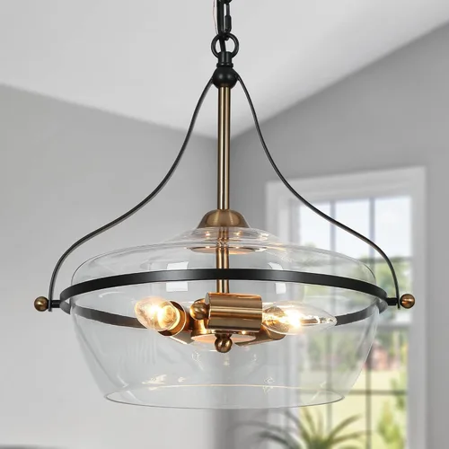 Vista 9 de ZEVNI Candelabro negro de 3 luces, lámpara moderna de mediados de siglo, lámpara colgante de cristal de campana grande para comedor, 14 pulgadas