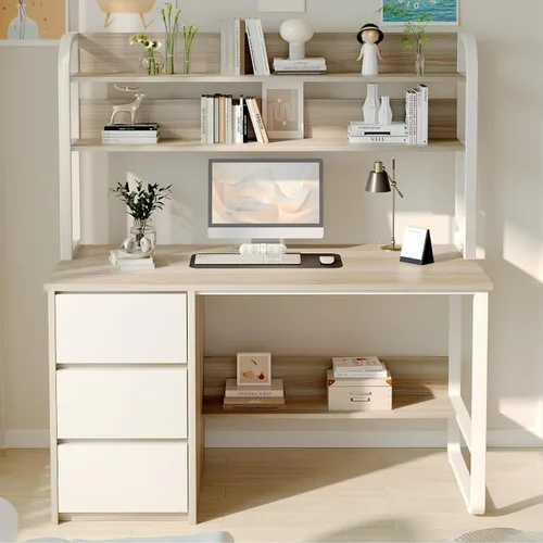 Vista 10 de MaverickFurni Escritorio para computadora de 60 pulgadas con estantes y hutch, escritorio de oficina en casa con 3 cajones de almacenamiento