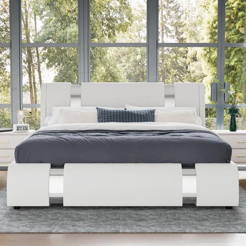 Vista 11 de WEEWAY Base de cama tamaño Queen con decoración moderna de piezas de hierro, cama de plataforma de piel sintética con cabecera ajustable curvada