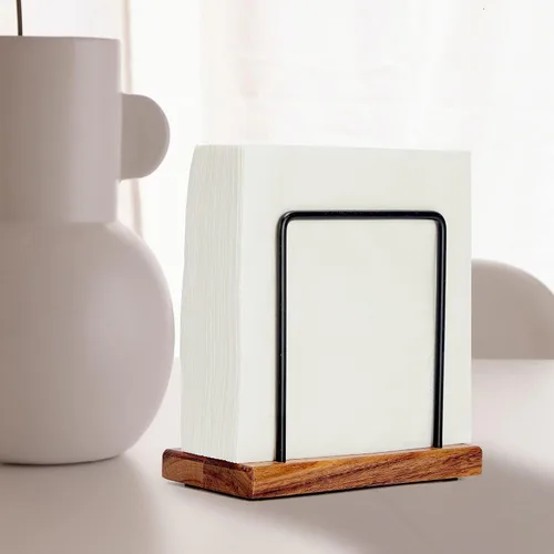 Vista 5 de Servilletas de madera de acacia con alambre de metal, servilletero de pie para mesa