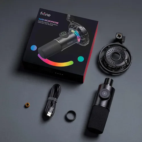 Vista 7 de FIFINE - Micrófono USB para juegos, micrófono dinámico RGB con conector de toque para silenciar y auriculares, micrófono cardioide Plug & Play