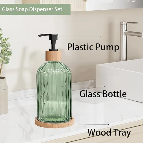 Vista 4 de Green Glass Soap Dispenser with with Bamboo Pumps & Tray, 140z Hand and Dish Soap Dispenser Bathroom Set, Vertical Stripe Bathroom Lotion Dispenser