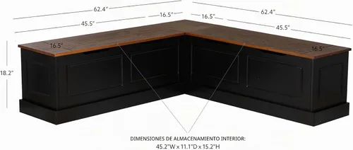 Vista 2 de Linon Harris - Rincón de comedor de cocina sin respaldo negro y nogal con banco de almacenamiento oculto