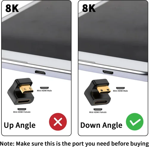 Vista 5 de Duttek Adaptador Mini HDMI de 180 grados 8K @60Hz, 48Gbps, en forma de U, adaptador extensor en ángulo mini HDMI en ángulo macho a hembra, luz LED