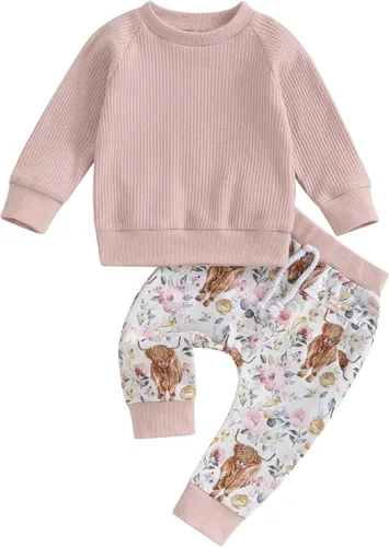 Vista 8 de Ropa occidental para bebé niño, sudadera de manga larga con cuello redondo y estampado de vaca, pantalones de vaquero para otoño e invierno Caqui