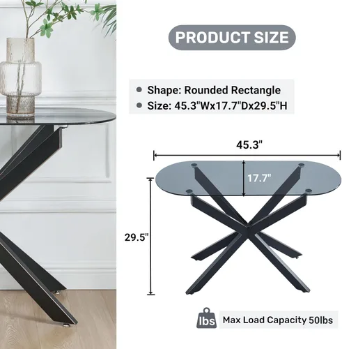 Vista 2 de Moderna mesa consola ovalada de vidrio, mesa de sofá estrecha para entrada, entrada, sala de estar, vestíbulo, pasillo, oficina, 45 pulgadas de Negro