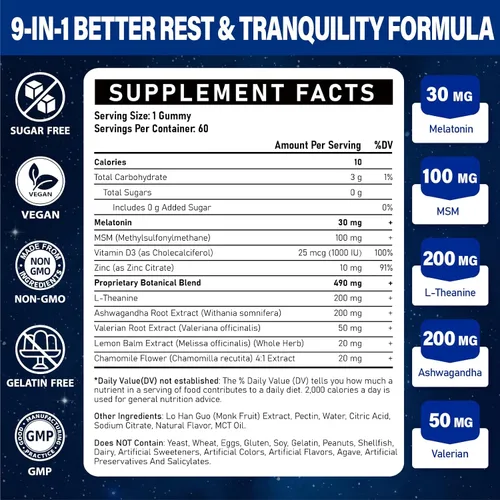 Vista 2 de Gomitas de melatonina de 30 mg para adultos: Suplemento de melatonina de máxima fuerza con L-teanina, ashwagandha, MSM, vitamina D3 y zinc, sin