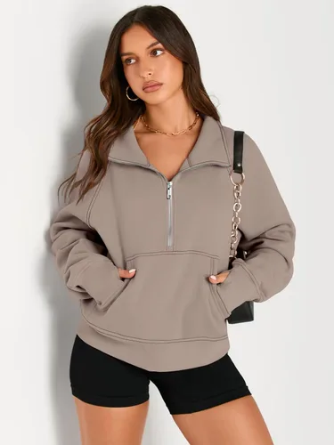 Vista 3 de AUTOMET Sudaderas con media cremallera para mujer, sudadera corta de vellón con cremallera de un cuarto, sudaderas con capucha para el otoño, a
