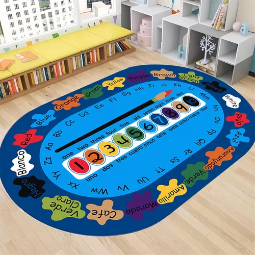 Vista 16 de Tapete de aprendizaje educativo para niños, 3 x 4 pies, tapete decorativo con diseño de planeta y alfabeto ABC, ovalado, grande, antideslizante