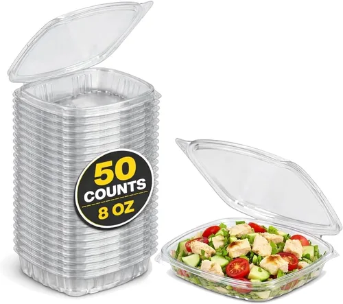 Vista 12 de Contenedores de delicatessen con tapas con bisagras, plástico PET, transparente, 24 onzas, 50 unidades, concha, rectangular, almacenamiento