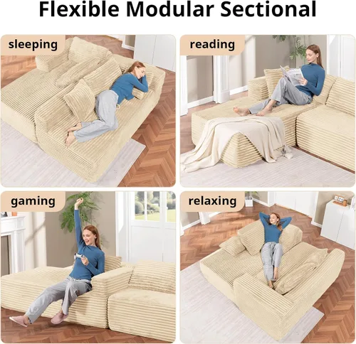 Vista 6 de LUCKLIFE - Sofá seccional modular con chaise en forma de L, sofás sin patas tapizados en pana para sala de estar, sofá cama extragrande, no requiere