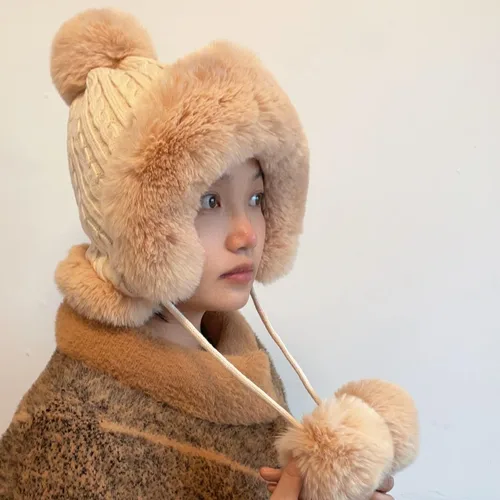 Vista 2 de Gorro de invierno para mujer, suave y mullido de punto con pompón, gorro de piel sintética para niñas, gorra de calavera de ganchillo