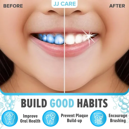 Vista 3 de JJ Care Tabletas reveladoras para dientes, 102 unidades, tabletas de revelación de placas envueltas individualmente para niños que cepillan