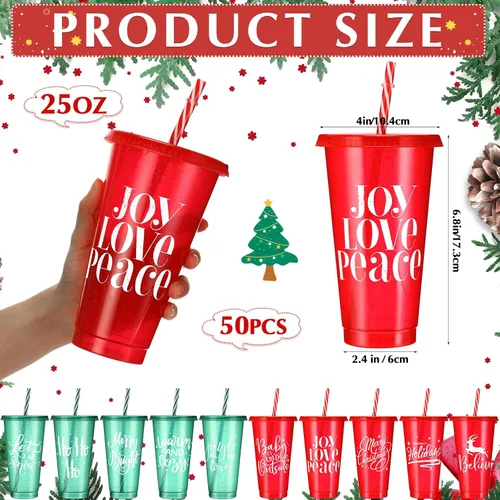 Vista 2 de Tioncy 50 vasos de plástico de Navidad con tapas y popote a granel, vasos de plástico de Navidad reutilizables de 25 onzas, tazas de Navidad