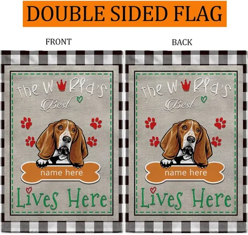 Vista 5 de The World's Best Dog Garden Flag Saint Bernard Dog Lives Here Bone Paw Buffalo Plaid Check 12.5x18 pulgadas Decoración exterior de patio de doble