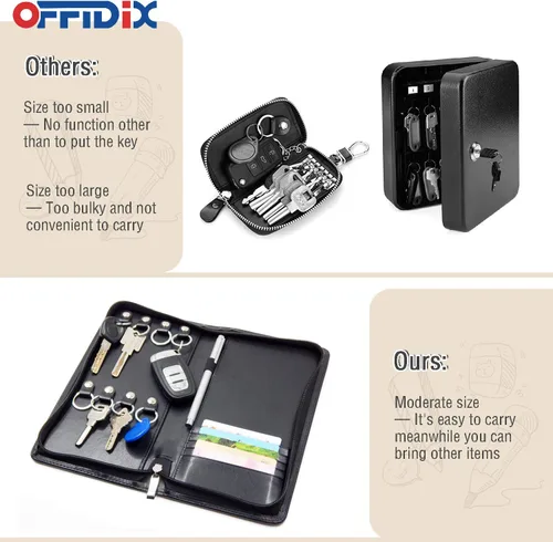 Vista 5 de OFFIDIX Gabinete portátil de piel sintética para llaves, 8 llaves, portátil, con cremallera, organizador de tarjetas de menús, soporte de negocios