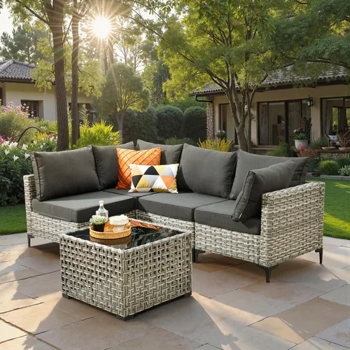 Vista 36 de ovios Muebles de patio de 8 piezas con hoguera, juego de conversación de mimbre de ratán para exteriores con mesa de centro brillante, cómodo sofá