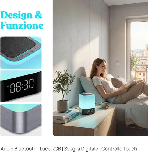 Vista 4 de Gallstep Luces nocturnas Altavoz Bluetooth, despertador, altavoces Bluetooth, sensor táctil, lámpara de noche regulable multicolor cambiante